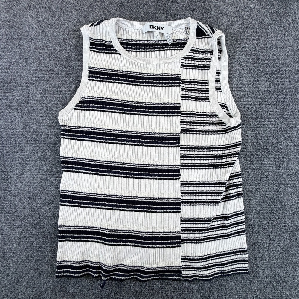 DKNY Vest Sweater Womens Large White Navy Striped Ribbed Knit Crew Neck Casual‎